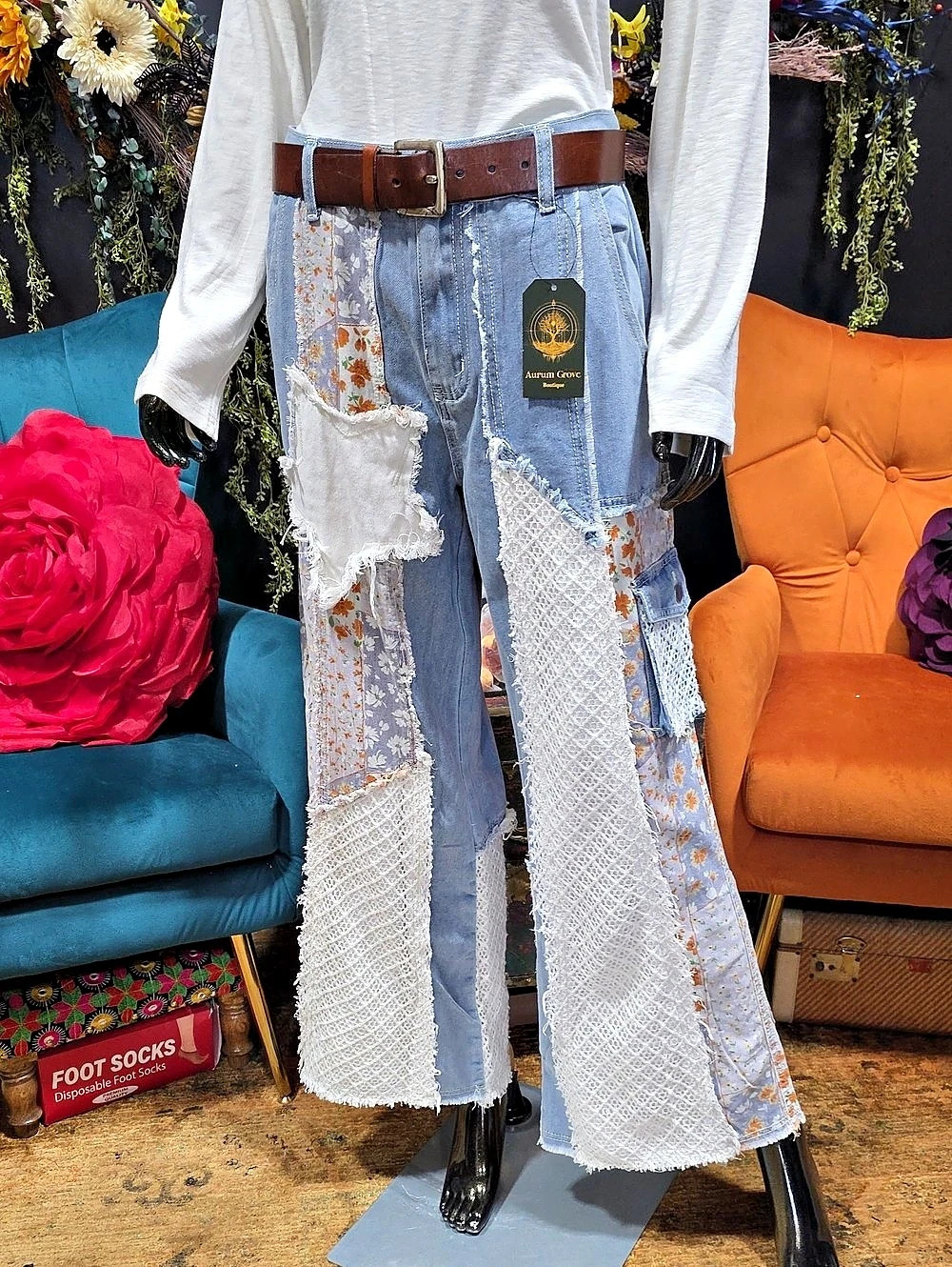 POL  Patchwork, Crochet Applique & Pocketed Flare Jeans